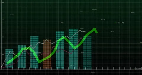 Cluster of multi?colored bar charts and colored line graphs navigating dark Stock Footage 307462805