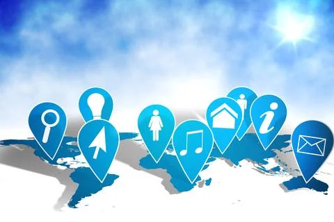 Cluster of nine blue map-pin icons is floating over flat design world map with Stock Photos