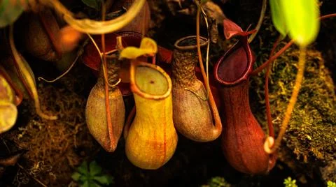 A cluster of pitcher plants dangles from a tree branch in the forest Stock Photos