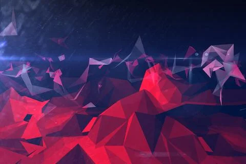 Cluster of red angular polygons is floating in navy-blue 3D render with Stock Photos