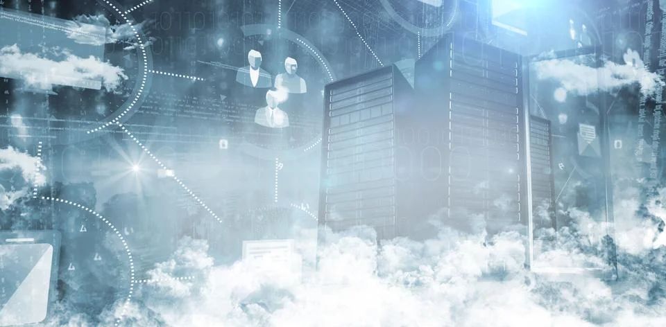 Cluster of server racks is rising from clouds in flat design, with cloud イラスト素材