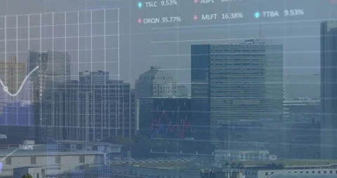 Cluster of skyscraper towers displaying translucent stock charts over skyline, Stock Footage 308653923
