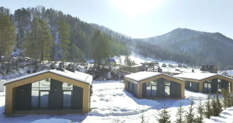 Cluster of small cottages rests quietly on snowy slope Видео 318740200