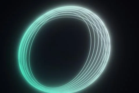 A cluster of thin glowing aqua and mint elliptical light trails forms an op.. Illustration