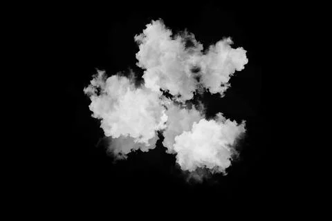 Cluster of three white fluffy clouds isolated on solid black background Stock Photos