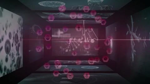 Cluster of translucent pink hexagonal icons is floating with red laser beam in Illustrazione stock