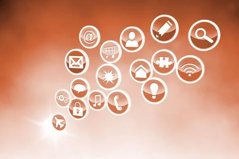 Cluster of white circular icons is floating in flat vector with warm orange Illustrazione stock