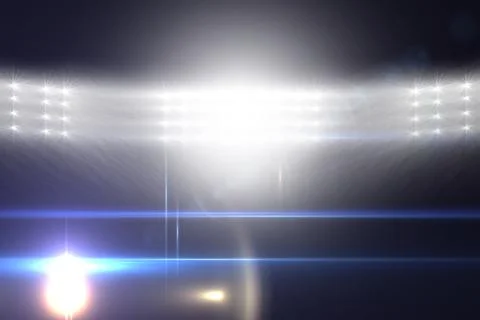 Cluster of white spotlights is shining in dark flat design, showing lens flares Stock Illustration