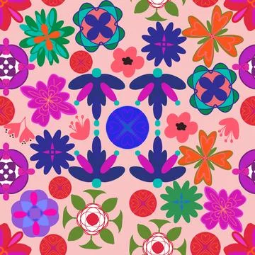 Clustered Shapes In Multiple Colors On Pink Repeating Pattern Stock Illustration