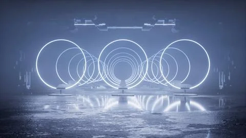 Clusters of concentric glowing rings in a misty studio Stock Illustration