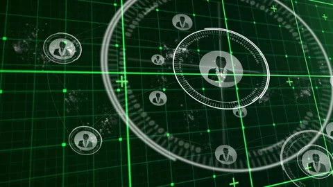 Clusters drifting across grid launching scanning rings rotating around icons Stock Footage 310643327