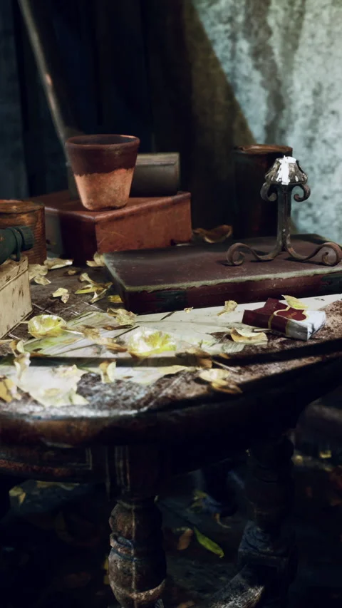 A cluttered and abandoned table in a devastated room Stock Footage 275010061