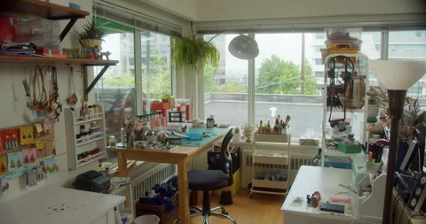 Cluttered Artist Work Desk Video stock 145180288