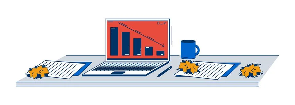Cluttered desk with declining bar chart on laptop 2D doodle object Stock Illustration