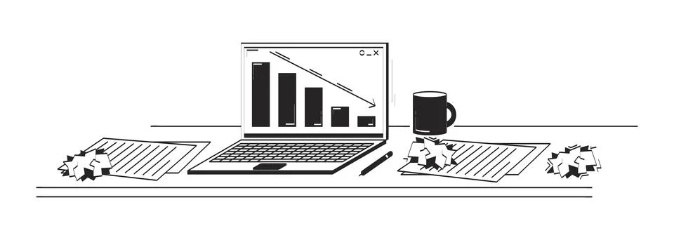 Cluttered desk with declining bar chart on laptop doodle linear object Stock Illustration