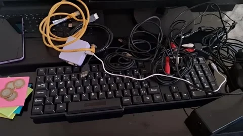 A cluttered desk with a keyboard and various cords and cables in a chaotic Stock-Footage 340169371