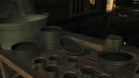 A cluttered kitchen table filled with pots and pans Stock Footage 270532092