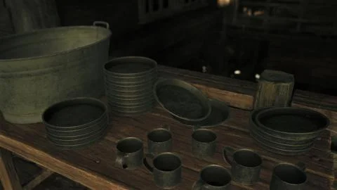 A cluttered kitchen table filled with pots and pans Stock Illustration