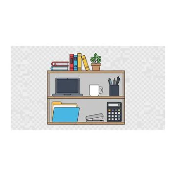 A cluttered office desk with computer and books on a shelf Stock Illustration