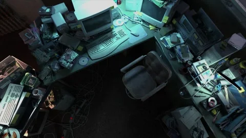 A cluttered old seedy office workstation at night, with retro 1990s period Stock Footage 332961082