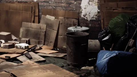 Cluttered storage filled with boxes and trash bags in a dim space 動画素材 295530182