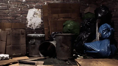 Cluttered storage room filled with trash bags and cardboard boxes in dim light 動画素材 311751078