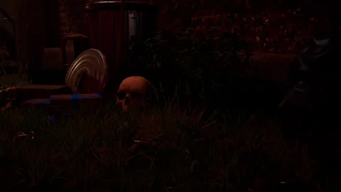 Cluttered workshop scene with weapons, barrels, a skeleton, and scattered tools Stock Footage 297871047