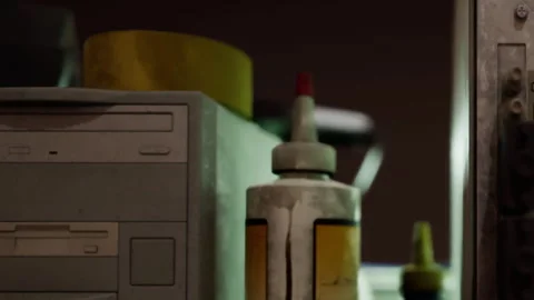 Cluttered Workspace With Old Computer Tower and Glue Bottle in Dimly Lit Room Stock Footage 348110097