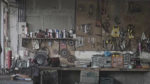 Cluttered yet organized workshop on farm in Nicaragua, tropical Latin America Stock Footage 208878482