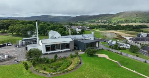 Clynelish Distillery Brora Sutherland external drone aerial video Stock Footage 261429358