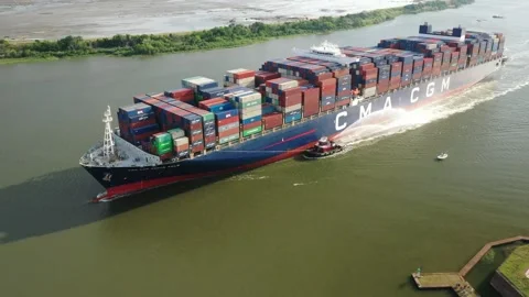 CMA CGM Marco Polo Container Ship at Fort Jackson on Savannah River Stock Footage 245320243