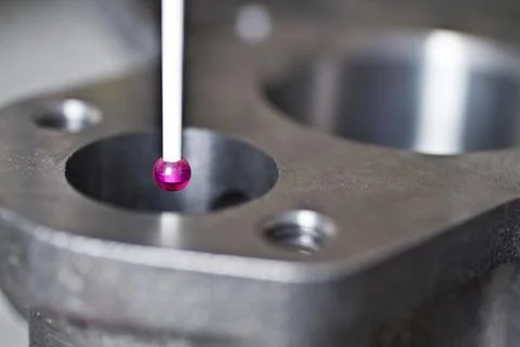 CMM Programming Precision Measurement in Industrial Setting with Magenta Probe Stock Photos