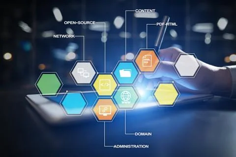CMS. Content management system applications icons on virtual screen. Business Stock Photos
