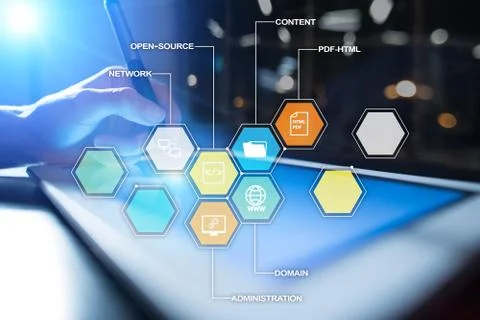 CMS. Content management system applications icons on virtual screen. Business Фото