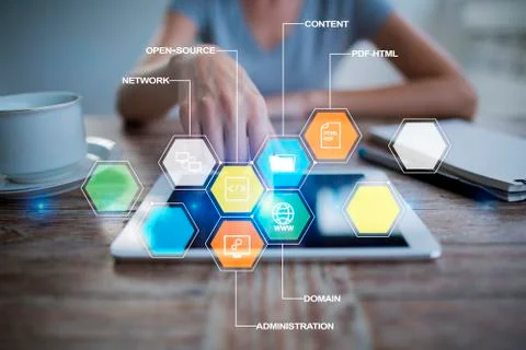 CMS. Content management system applications icons on virtual screen. Business Фото