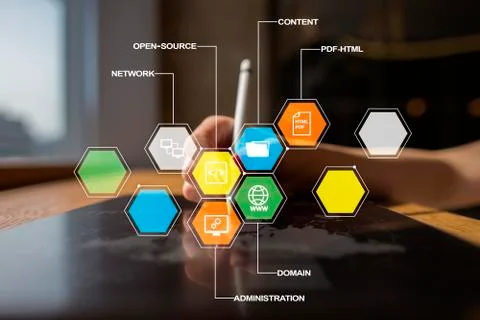 CMS. Content management system applications icons on virtual screen. Business Фото