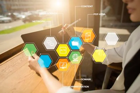 CMS. Content management system applications icons on virtual screen. Business Fotos Stock