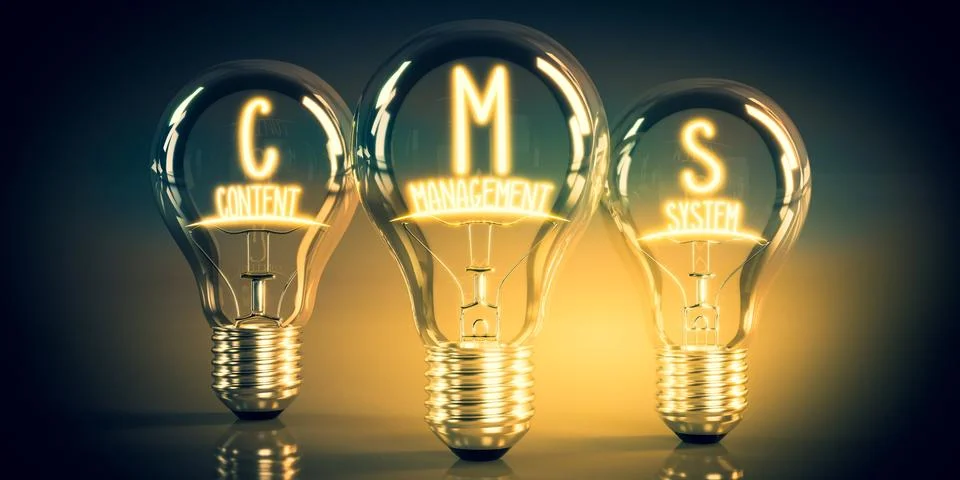 CMS, content management system concept - shining light bulbs Illustrazione stock