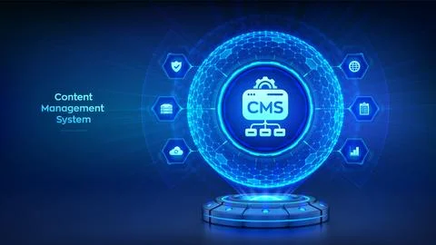 CMS. Content Management System in the form of a holographic sphere with a hex Illustrazione stock