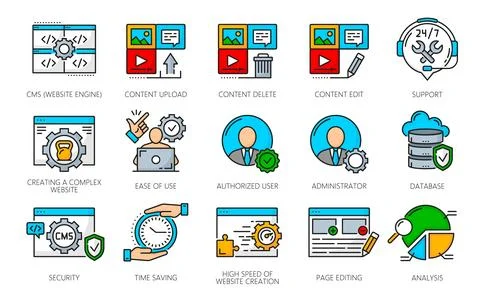 CMS content management system icons, web marketing Illustrazione stock