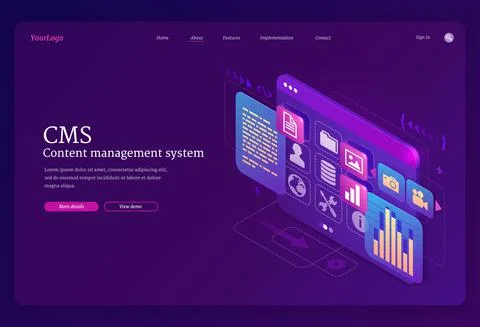 CMS, content management system isometric landing Illustrazione stock