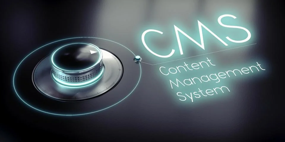 CMS, Content Management System - rotary knob and glowing word - 3D illustrati イラスト素材