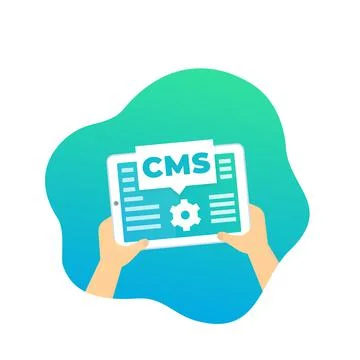 CMS, Content management system, tablet in hands, vector Stock Illustration