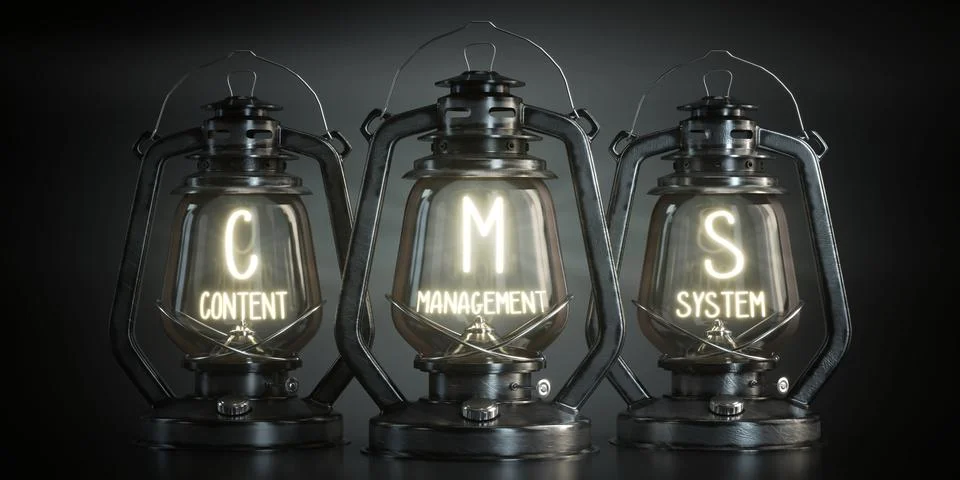 CMS, Content Management System - Vintage Kerosene Lanterns - 3d illustration Stock Illustration