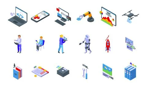 Cms development icons set isometric vector. Data code Stock Illustration