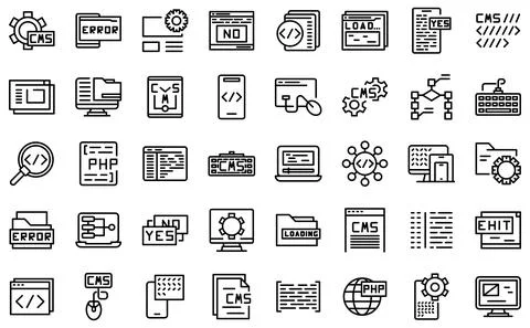 Cms development icons set outline vector. Data code Stock Illustration
