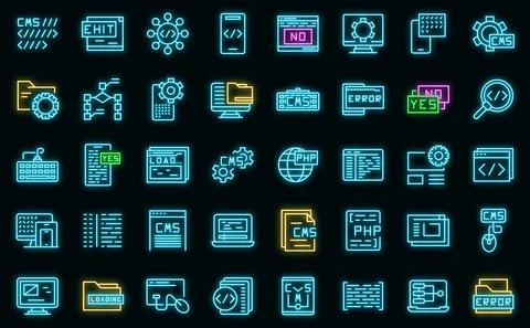 Cms development icons set vector neon Stock Illustration