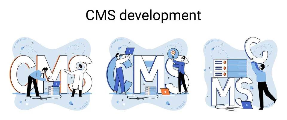 CMS development process concept. Work with content management for web site Stock Illustration
