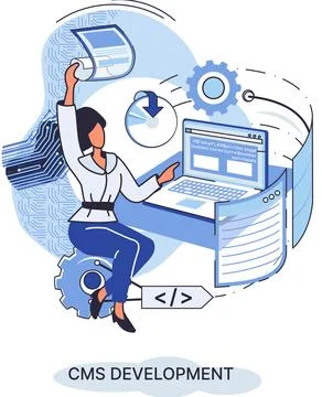 CMS development process. Female programmer works with content management for web Stock Illustration