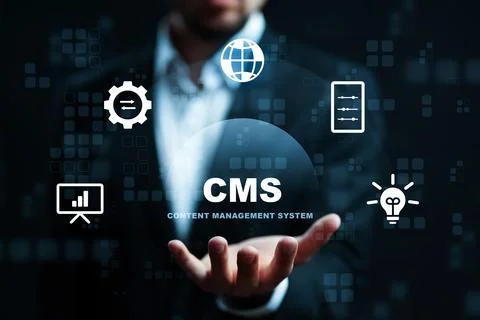 CMS features shown on hands with icons for web content management system tools Stock Photos